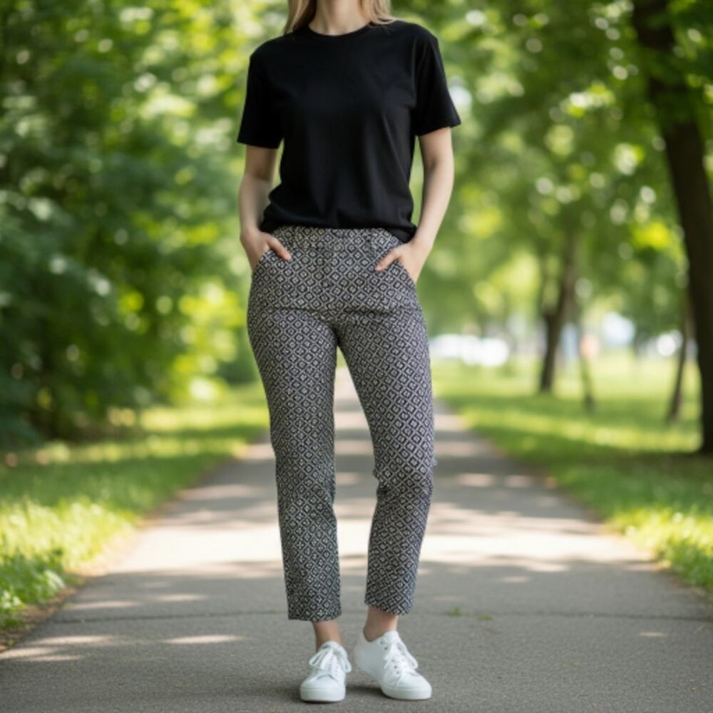 Ann Taylor Loft Black White Tiled Print Marisa Skinny Ankle Pants, Petite 4P